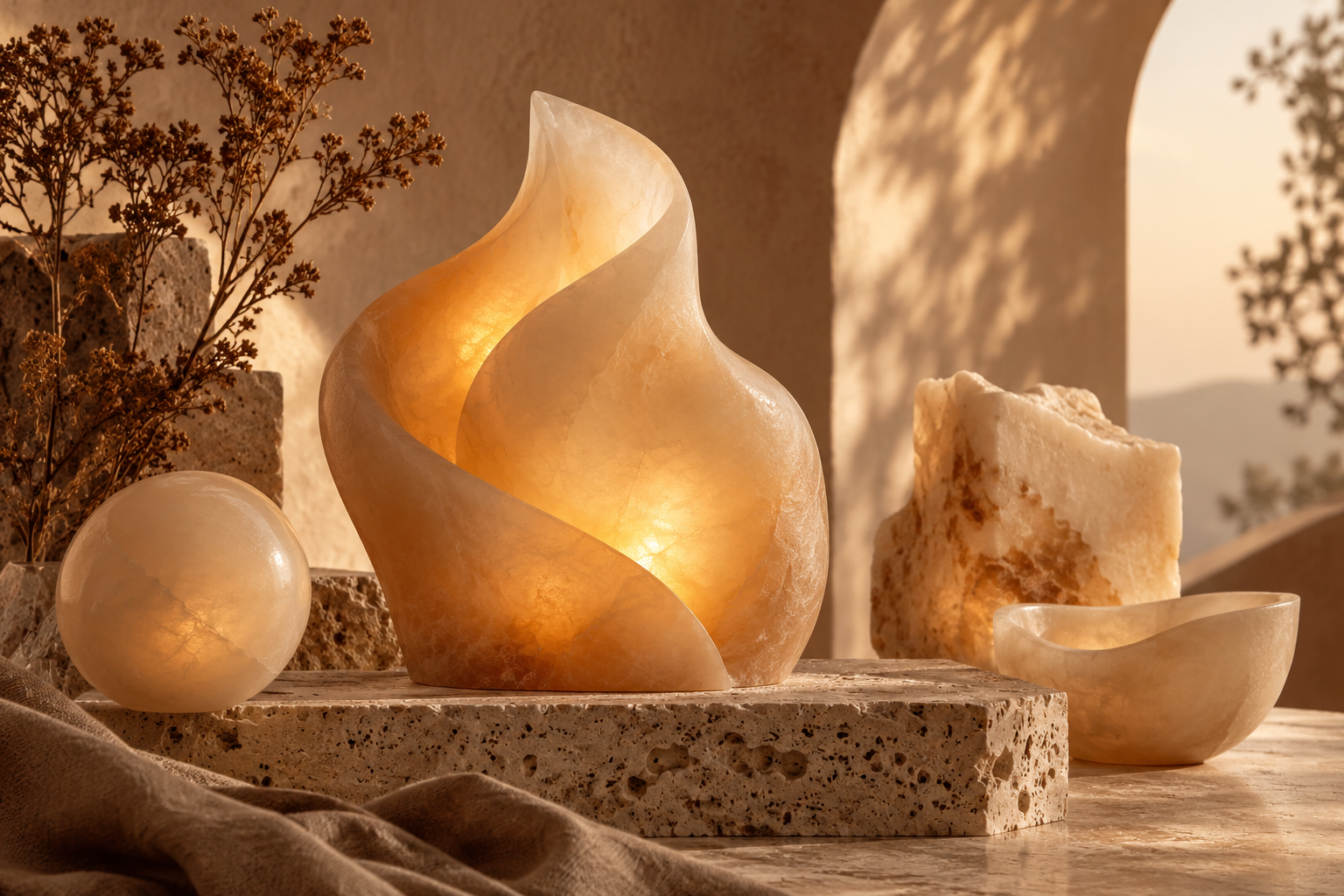 abstract amber glow through translucent wax-like sculptures on travertine, atmospheric editorial still life, no actual candle product